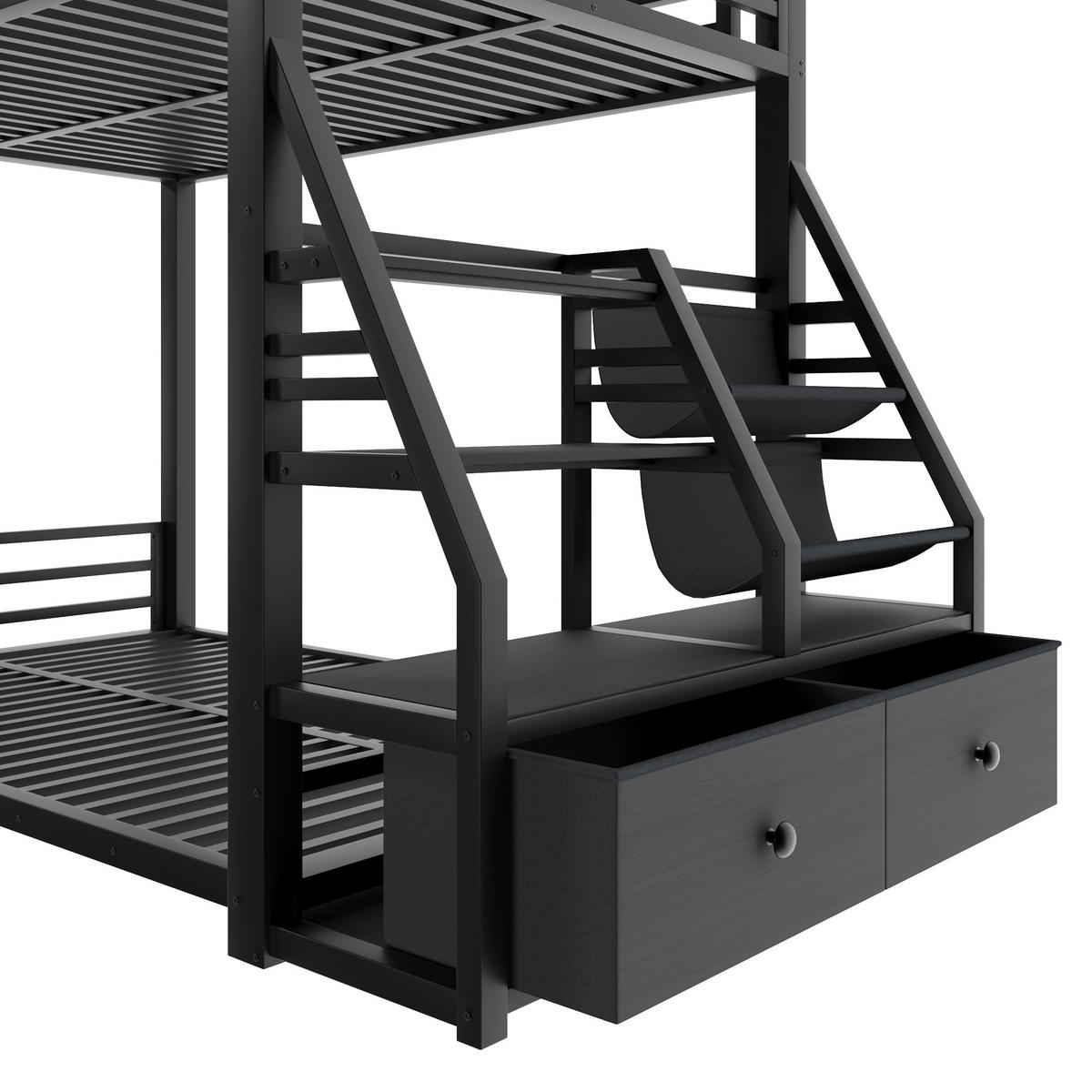 ETAGENBETT 90/200 cm & 90/200 cm in Schwarz mit 2 Stoffschubladen, LED und Ablagen - Schwarz, Holzwerkstoff/Metall (90/200cm) - STILVORA