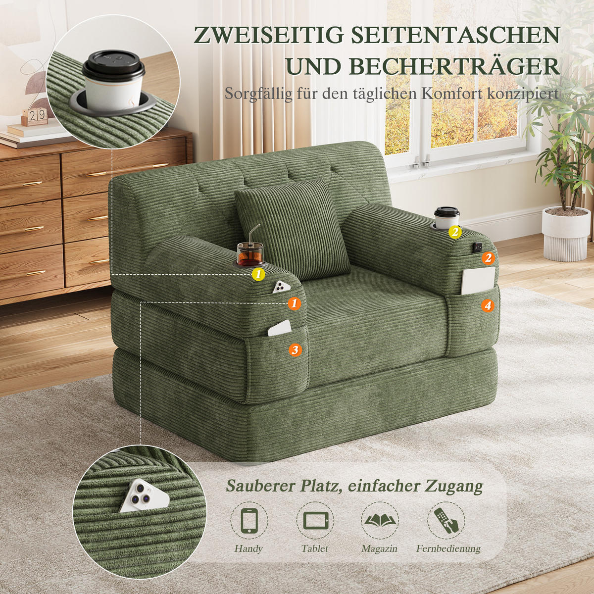 ROZKLÁDACÍ KŘESLO Zelené z manšestru s držáky nápojů - zelená barva, textil (107/81/80cm) - Urban Meuble