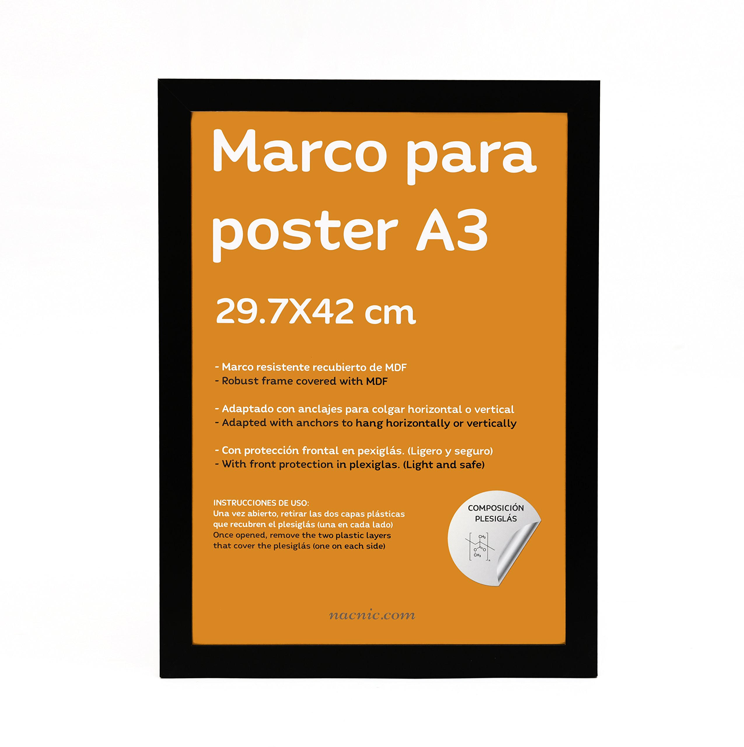 RAHMEN Set mit 3 aus MDF und Acrylglas Schutz und Aussteller für Fotografien, Bilder, Poster, Gemälde, Dekoration für Haus Farbe Schwarz A3 - Schwarz, Holz (29.7/3/42cm) - Nacnic