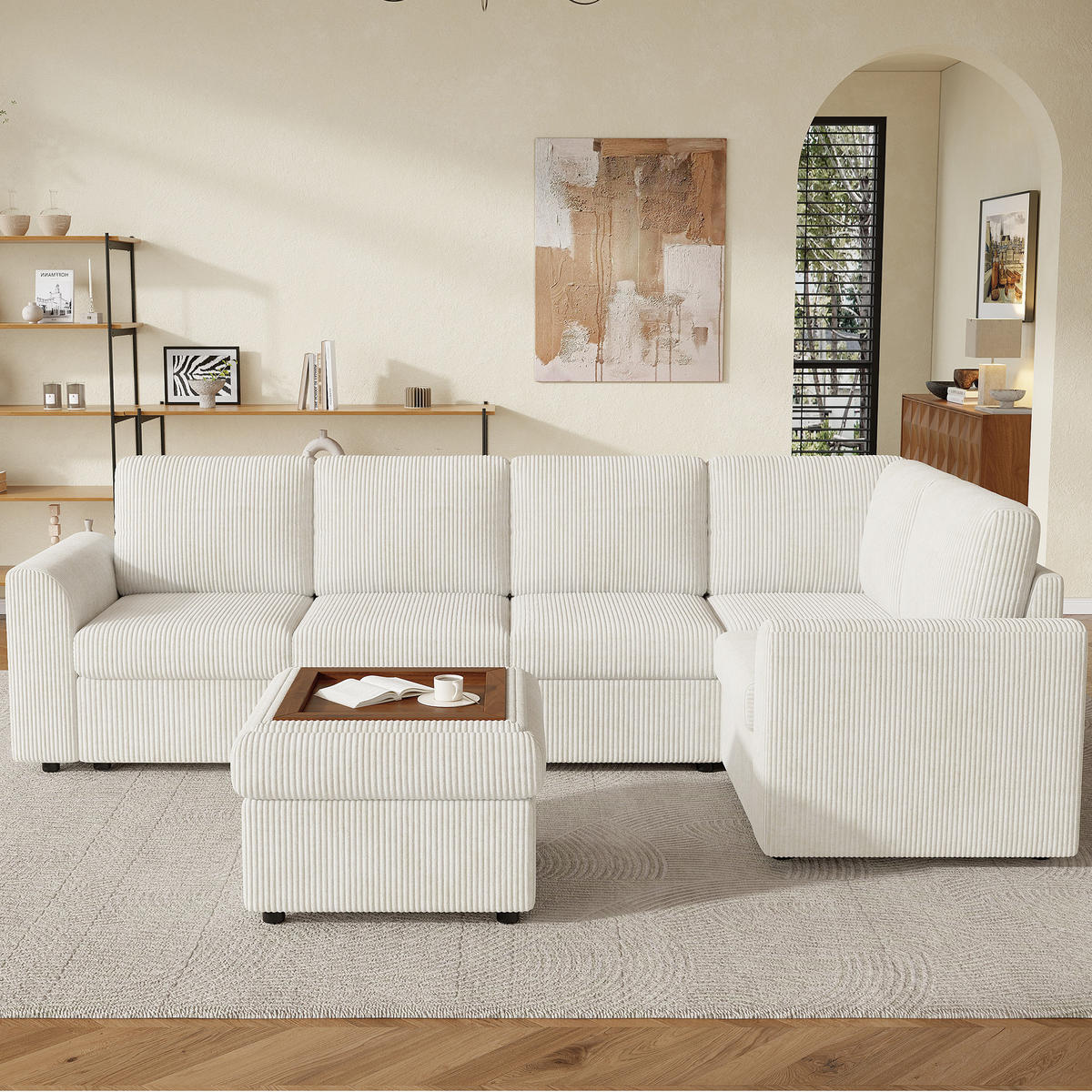 SOFA Beige L-Form Cord Ecksofa Hocker Schaumstoff 282cm - Beige, Textil (40/82/160cm) - FLIEKS
