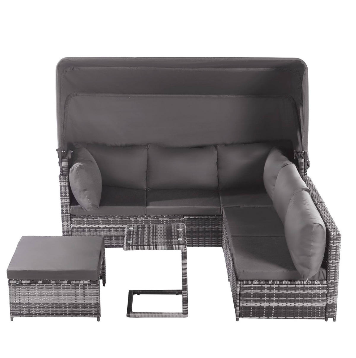 GARTENLOUNGE 194/70/157 cm grau aus Rattan mit Sonnendach - Grau, Kunststoff - OKWISH