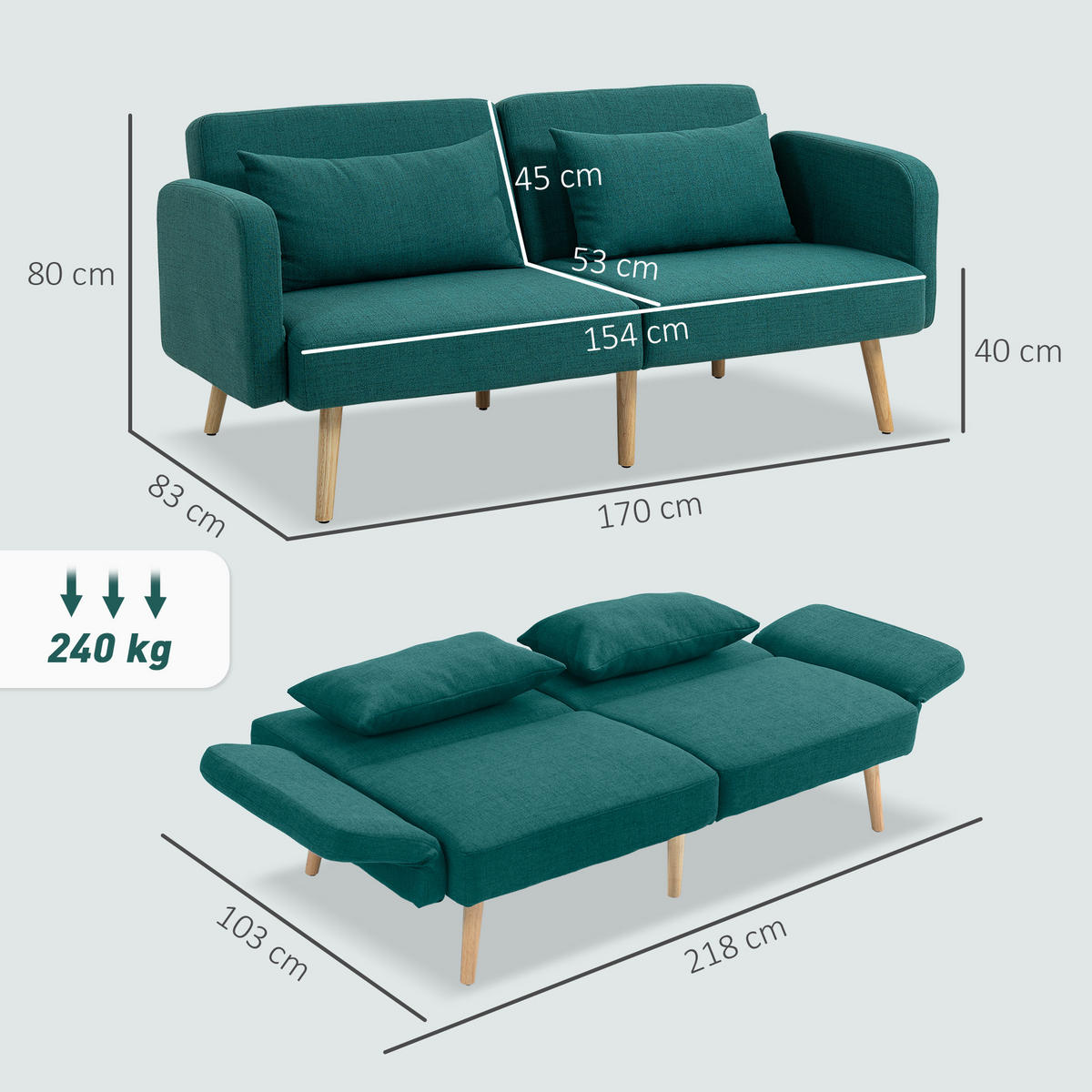 SCHLAFSOFA, 3-Sitzer-Sofa mit Bettfunktion, 2 Kissen, Leinenoptik, Grün - Naturfarben/Grün, Holz/Textil (83/80/170cm) - HOMCOM