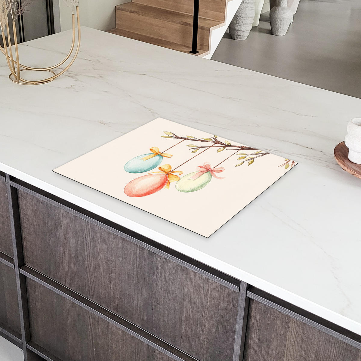 HERDABDECKPLATTE Osterkuchen - Schleife - Eier Herdabdeckung Induktionsfeld 65x52 cm - Creme, Kunststoff (65/52/0.2cm) - MuchoWow