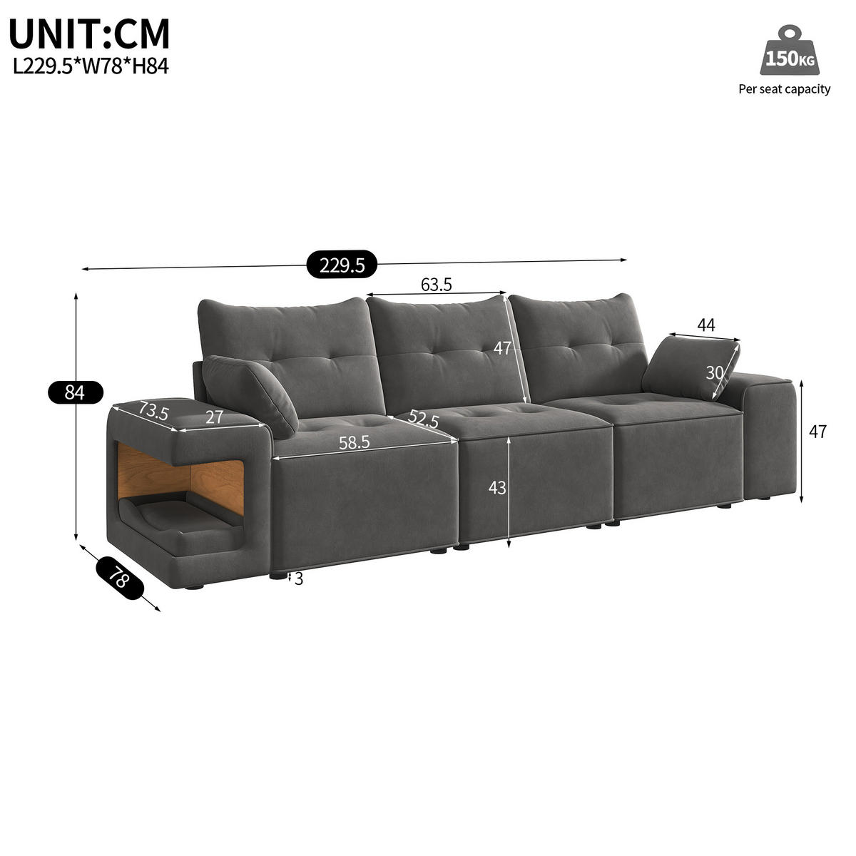 SOFA Grau 3 Sitzer Stauraum breite Armlehnen Kissen - Grau, Textil (78/84/229.5cm) - FLIEKS