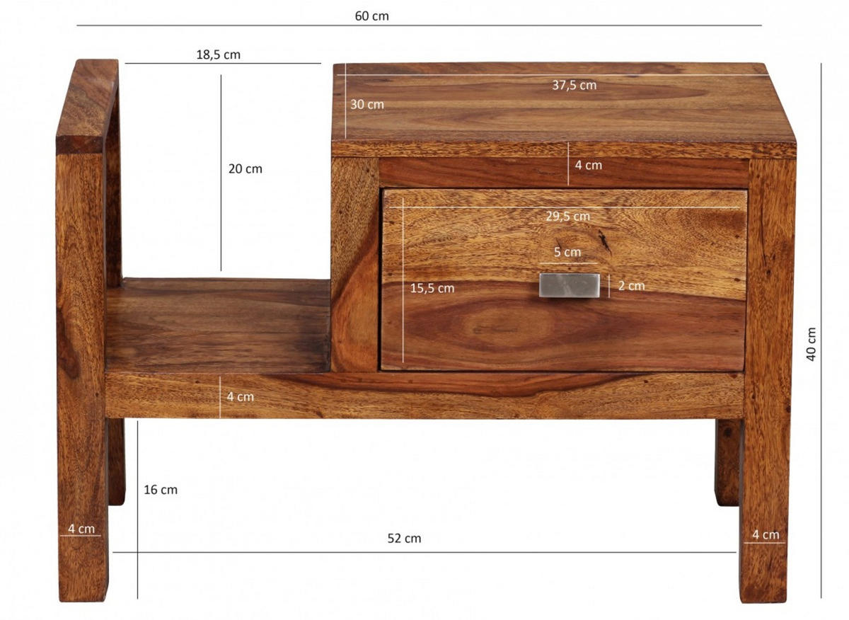 NACHTTISCH – Massivholz, Landhausstil, 60x30x40 cm, Schublade & Ablage - Braun, Holz/Metall (60/40/30cm) - KADIMA DESIGN