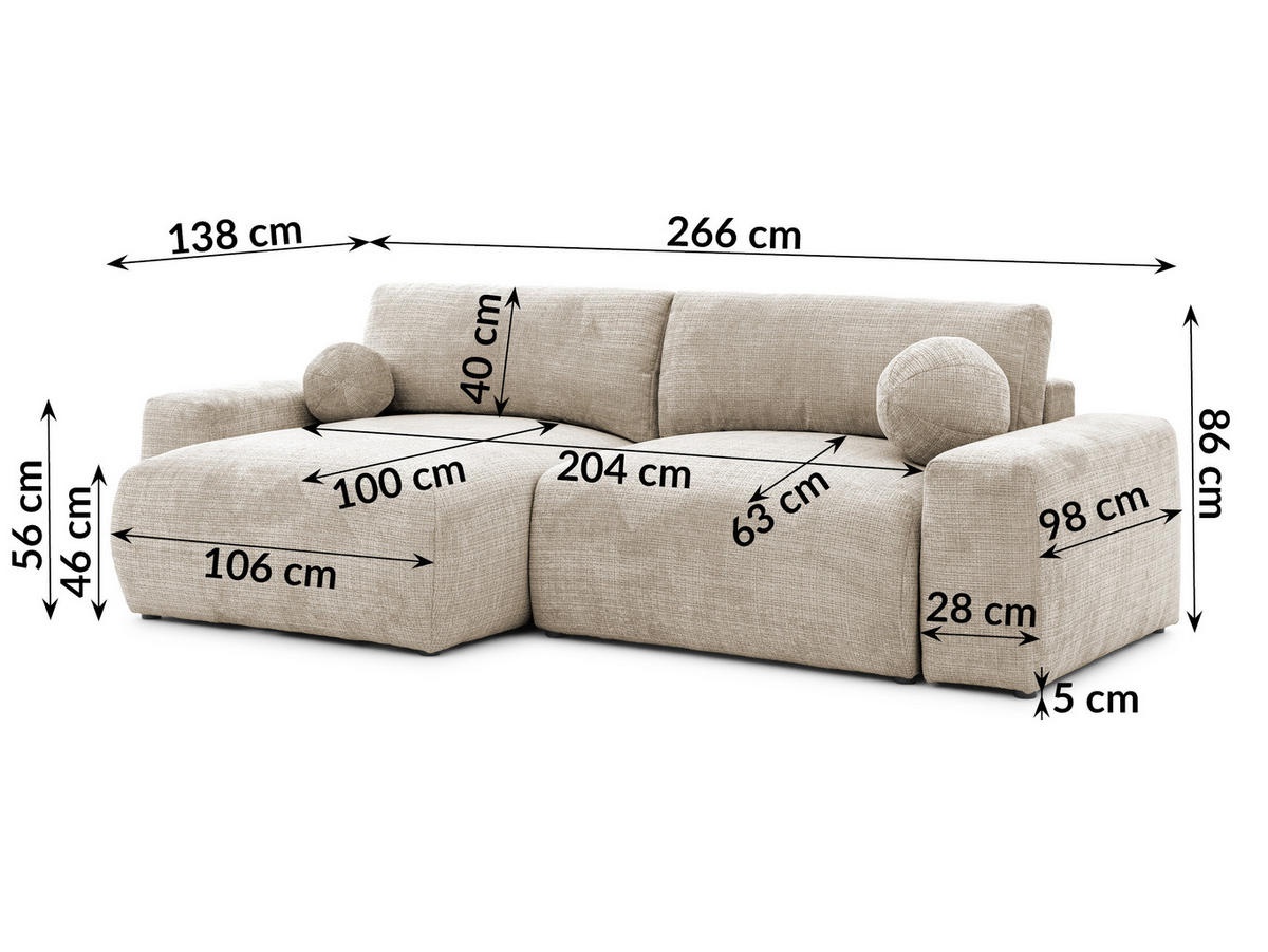 ECKSOFA Puffy mit Schlaffunktion und Bettkasten - besonders weich und puffig aus Dunkelbeige Chenille-Stoff - Ottomane links - Beige/Schwarz, Holz/Kunststoff (138/266cm) - S-Style Möbel