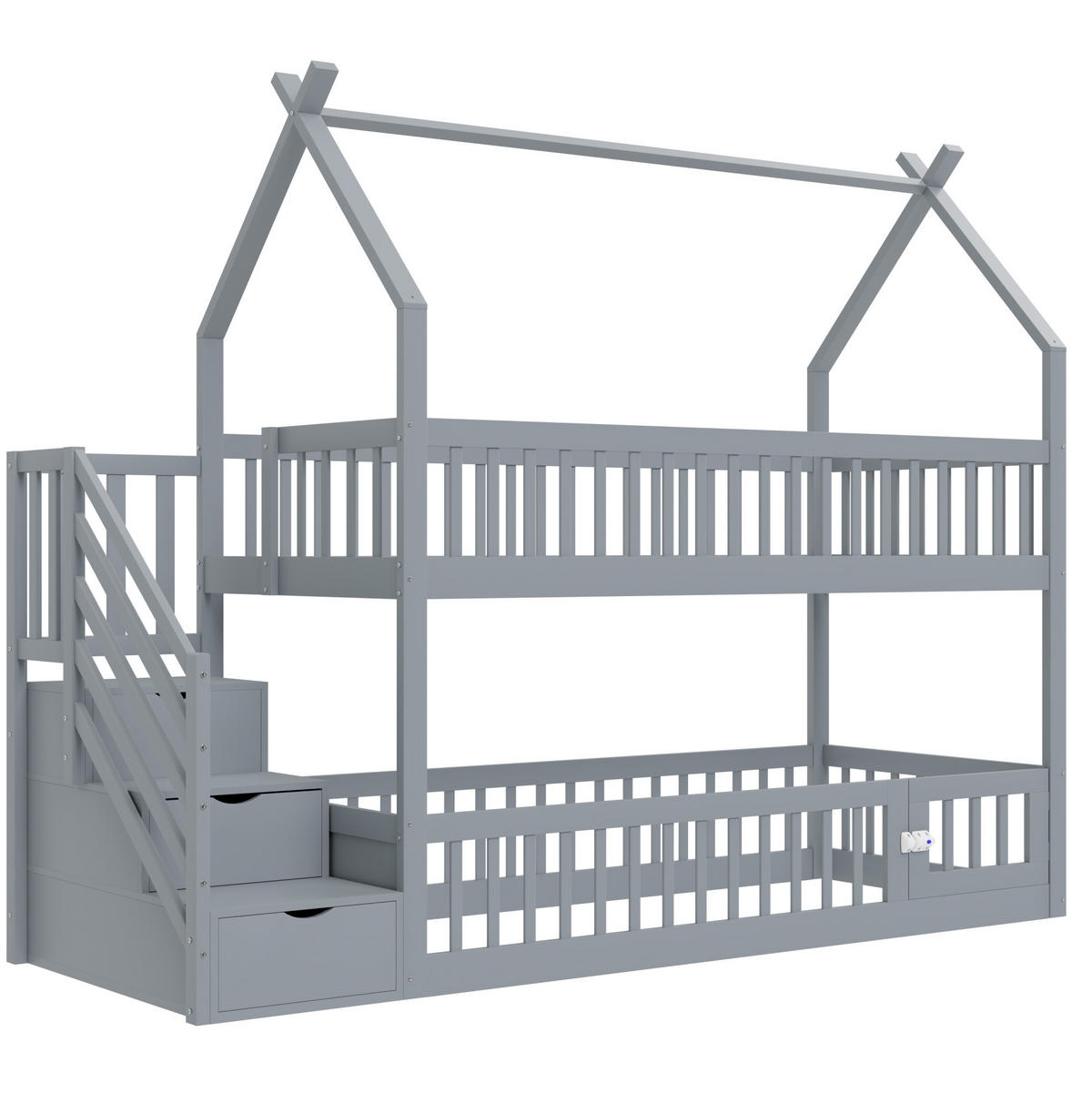 ETAGENBETT 90/200 cm mit Dach, Sicherheitstreppe und Schubladen, Grau - Grau, Holzwerkstoff (90/200cm) - Redom