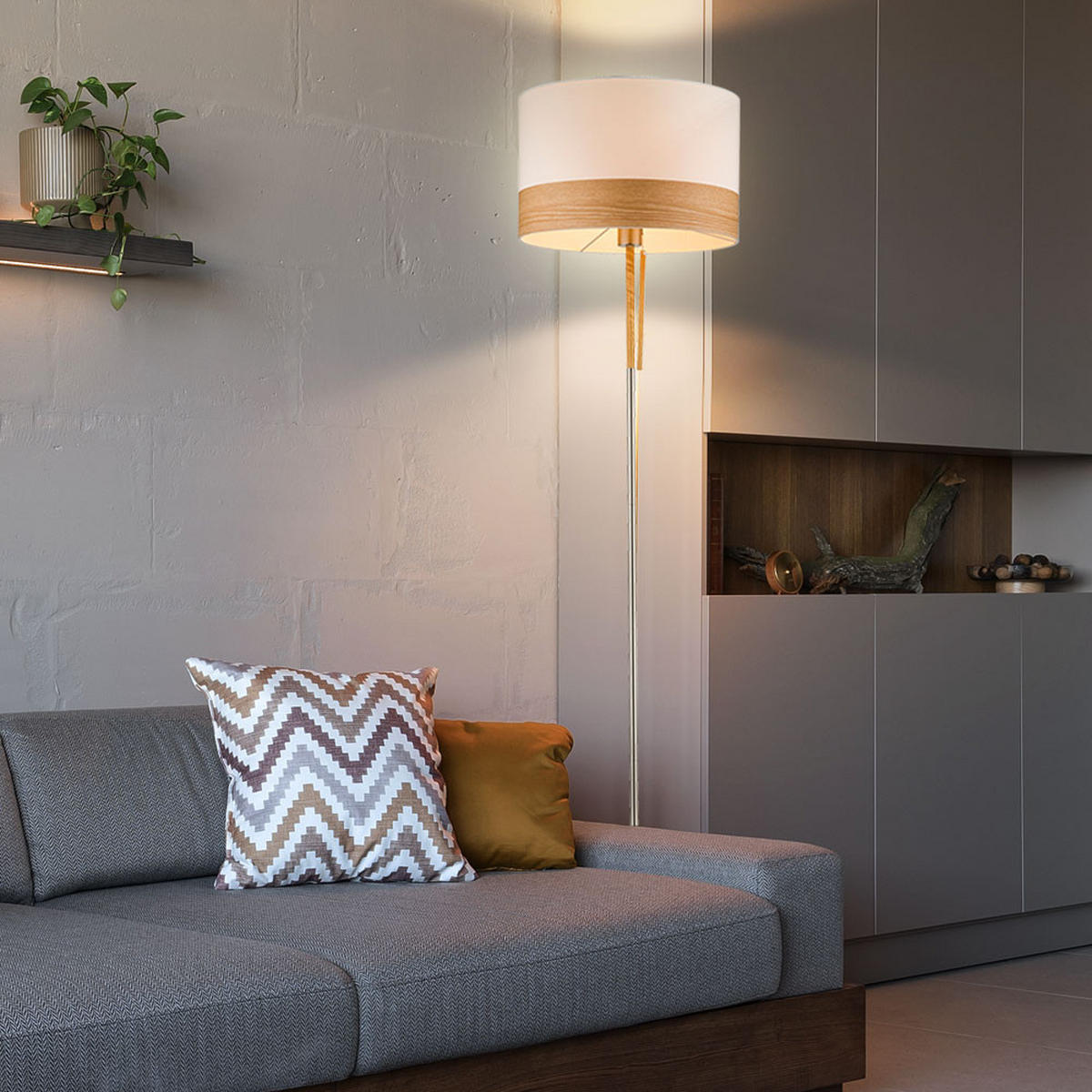 LED STEHLEUCHTE CHIPSY Silber Textil Holzoptik - Silberfarben, Holz (40/40/170cm) - Globo Lighting