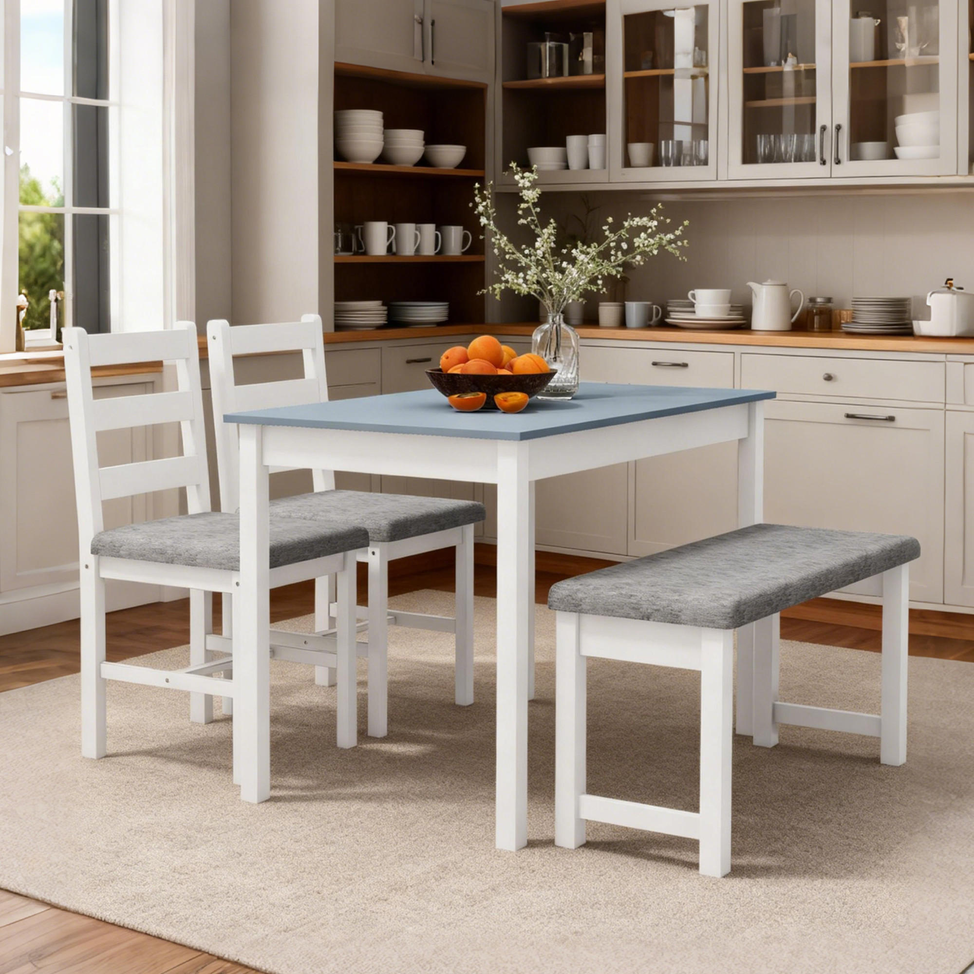 ESSGRUPPE, Esstisch mit 2 Gepolsterten Stühlen, Bank, 4-Teiliges Esstisch-Set - Weiß/Grau, Holz/Textil (65/75/108cm) - HOMCOM