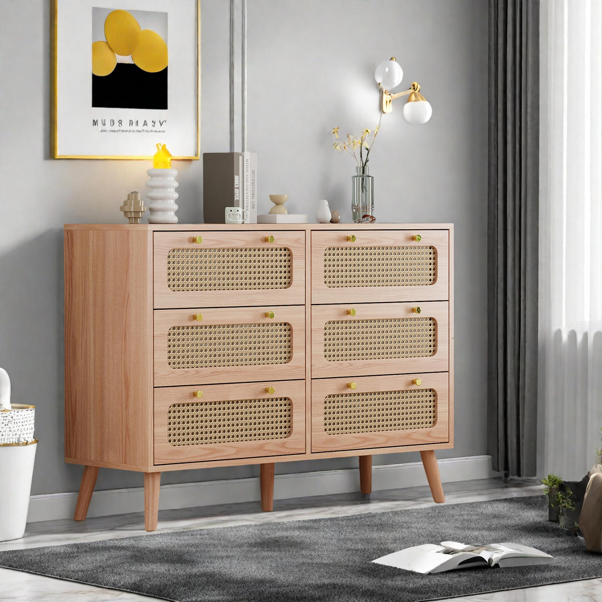 KOMMODE 6 Schubladen Naturholz Rattanfront stabil - Naturfarben, Holzwerkstoff (34/73/100cm) - SHOPENTRA