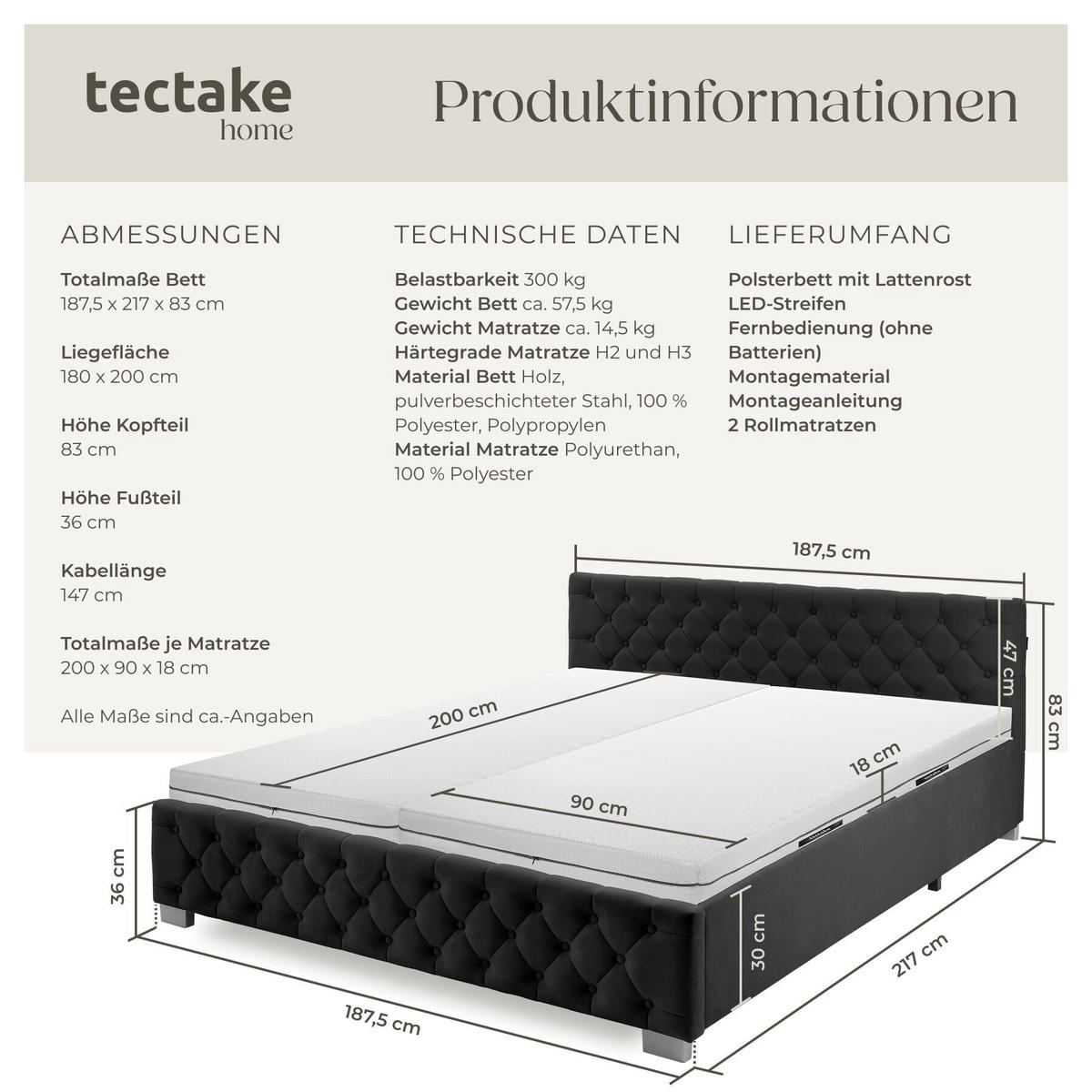 BETTSET , großer Stauraum unter dem hochklappbaren Lattenrost, Samtoptik schwarz - Schwarz/Samtahornfarben, Holz (180/200cm) - tectake