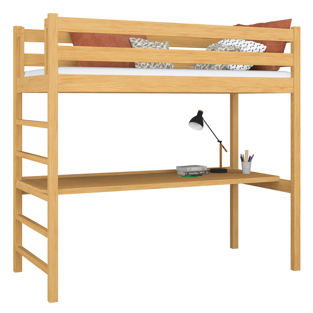 HOCHBETT N01 mit Schreibtisch Naturkiefer 90/180 - Hellbraun, Naturmaterialien/Holz (90/180cm) - N-Wood