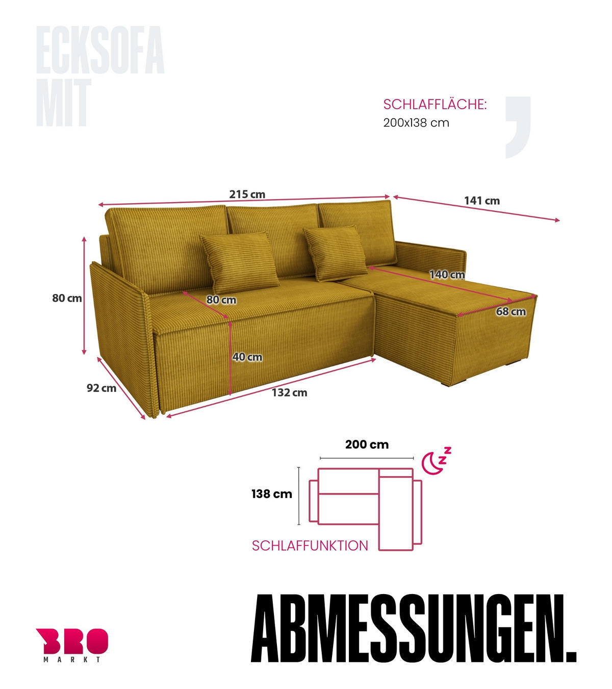 ECKSOFA Atlantic mit Schlaffunktion Gelb Cord - Gelb, Textil (238/141cm) - Bromarkt