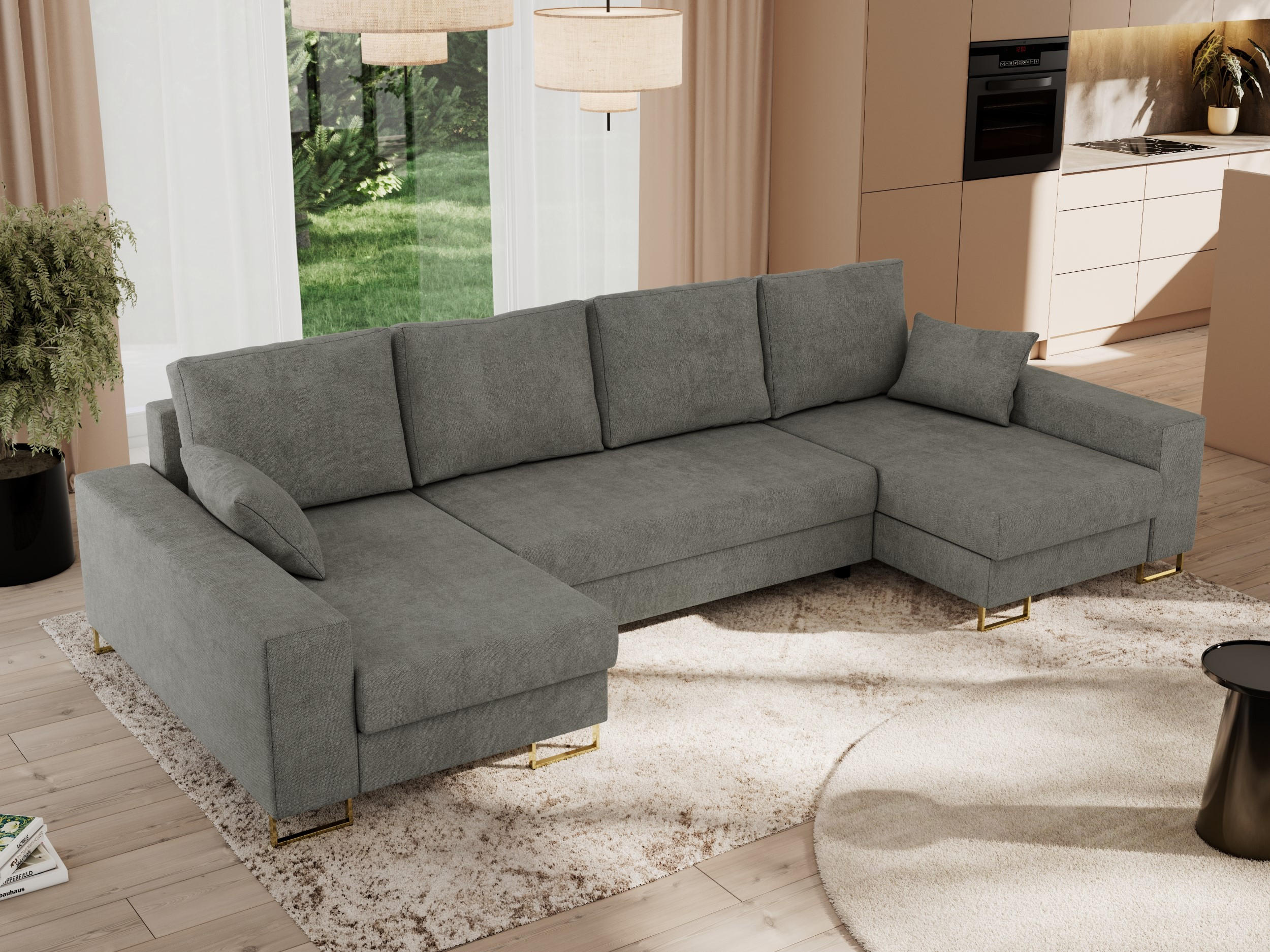 WOHNLANDSCHAFT DORIAN U Struktur Grau - Goldfarben/Grau, Textil/Metall (312/95/138cm) - MKS