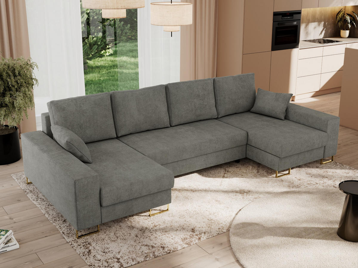 WOHNLANDSCHAFT DORIAN U Struktur Grau - Goldfarben/Grau, Textil/Metall (312/95/138cm) - MKS