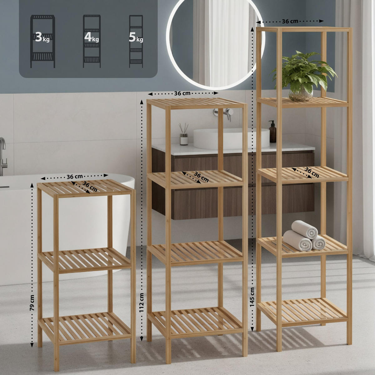 BADREGAL Neuss M 36x36x112cm Holz Natura Badezimmer-Aufbewahrungsregal - Naturfarben, Holz (36/112/36cm) - DELUKE