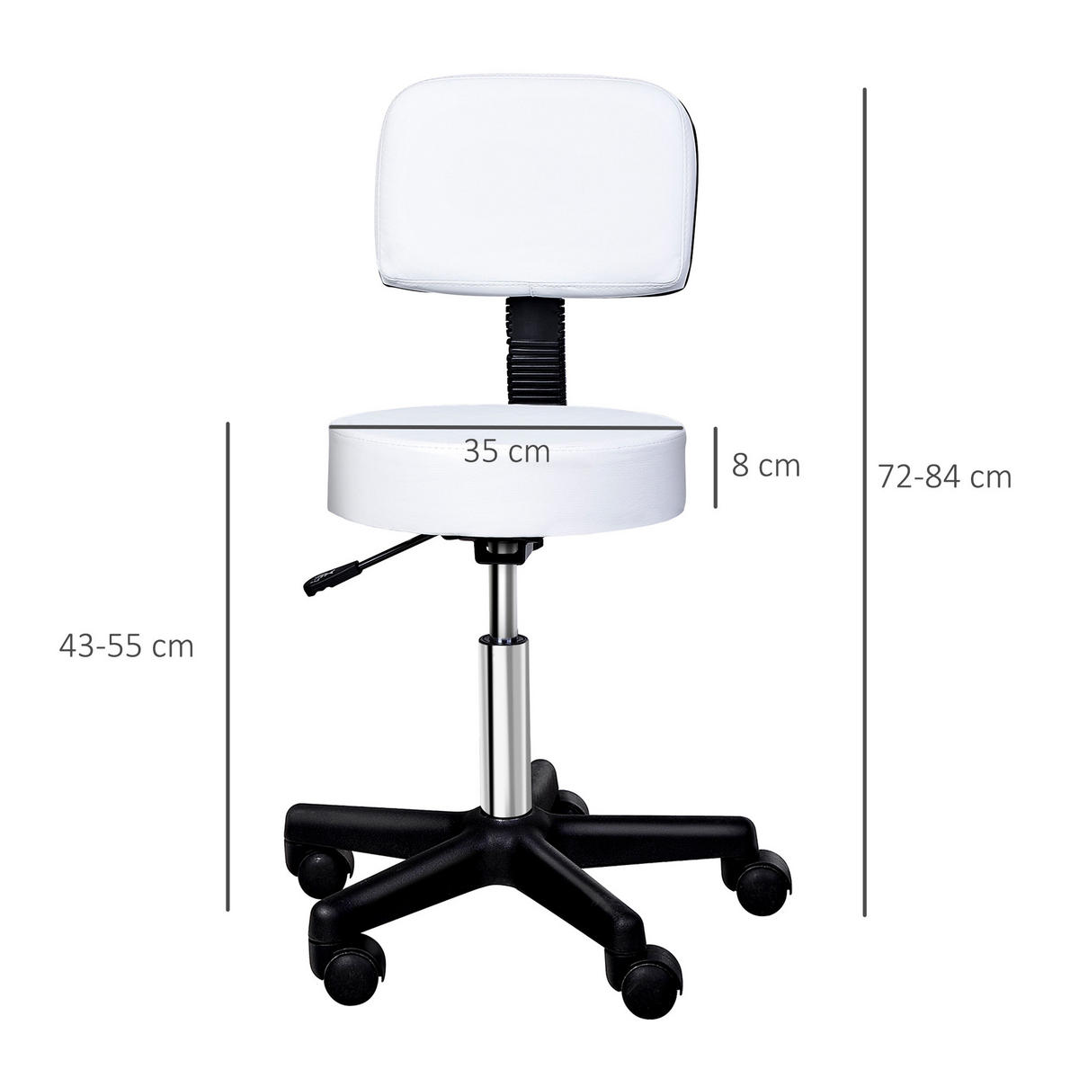 DREHSTUHL Sitzhöhe 35/35/84 cm weiß aus Kunstleder mit Rückenlehne und Rollen - Weiß, Leder (35/84/35cm) - OKWISH