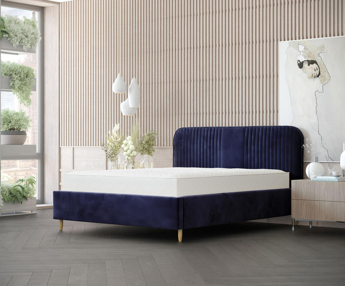 POLSTERBETT Livy Marineblau 120/200 cm im Samtstoff - Naturfarben/Dunkelblau, Holz/Holzwerkstoff (120/200cm) - Maison de Reve