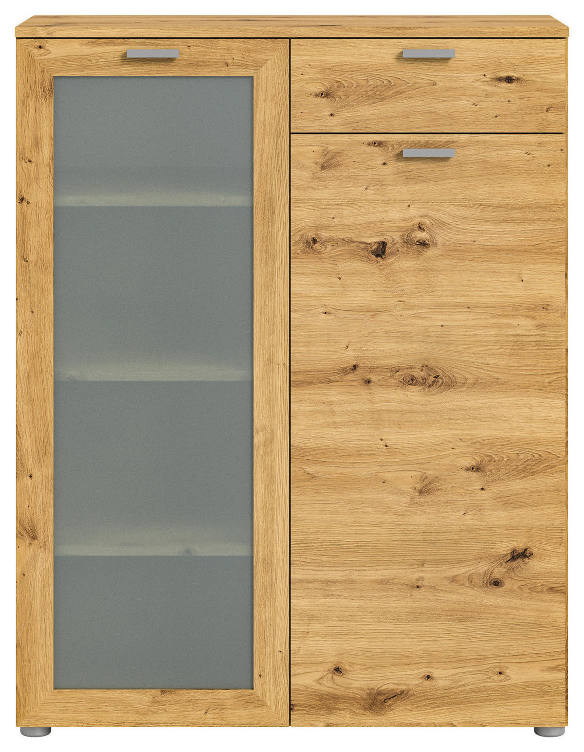 HIGHBOARD Eiche Artisan 90x115 cm, Vitrine mit Soft-Close - Silberfarben/Eiche Artisan, Glas/Holzwerkstoff (90/115/37cm) - Inn.Furn