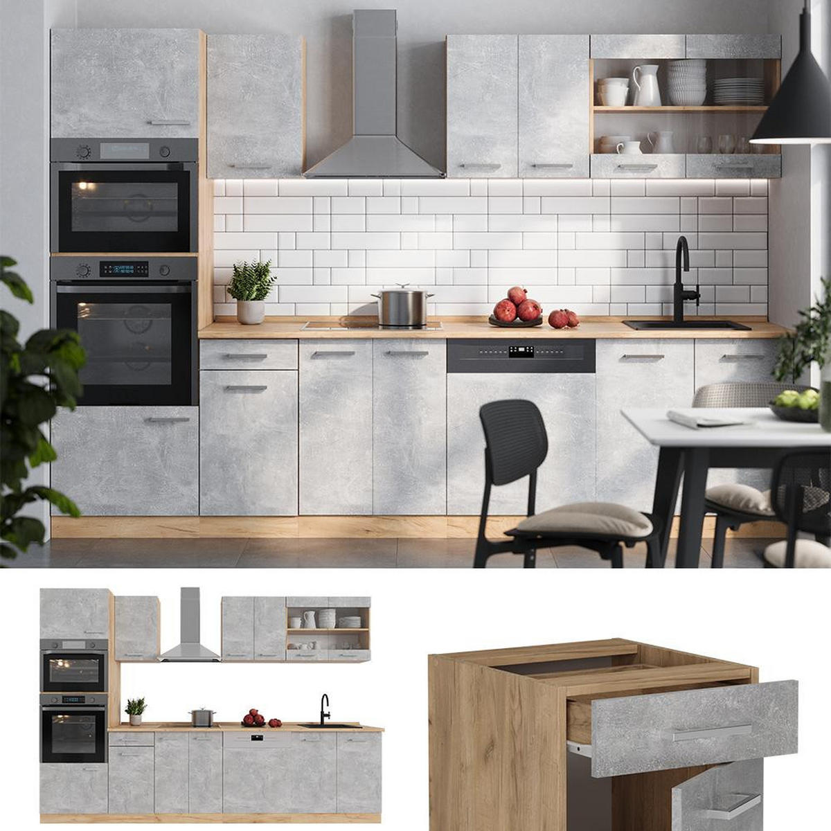 KITCHENETTE R-Line Beton / stejar auriu 300 cm cu dulap înalt, stejar AP - stejar miere/gri, compozit lemnos (300/206.8/60cm) - Vicco