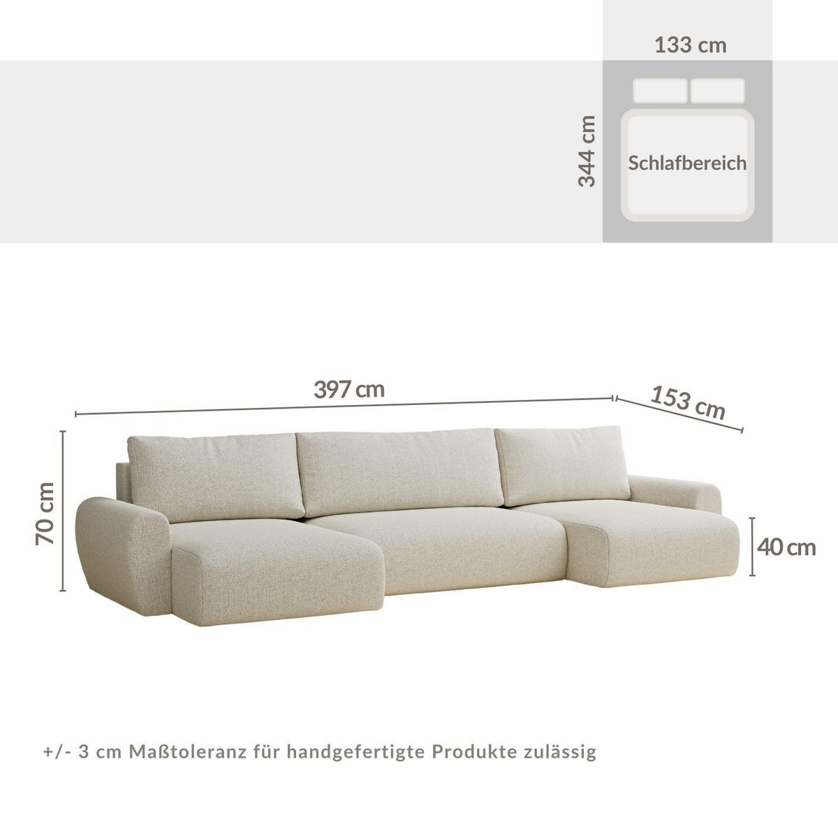 WOHNLANDSCHAFT MIT SCHLAFFUNKTION Zaya Seidengrau Webstoff - Beige/Schwarz, Holz/Holzwerkstoff (397/70/153cm) - Maison de Reve