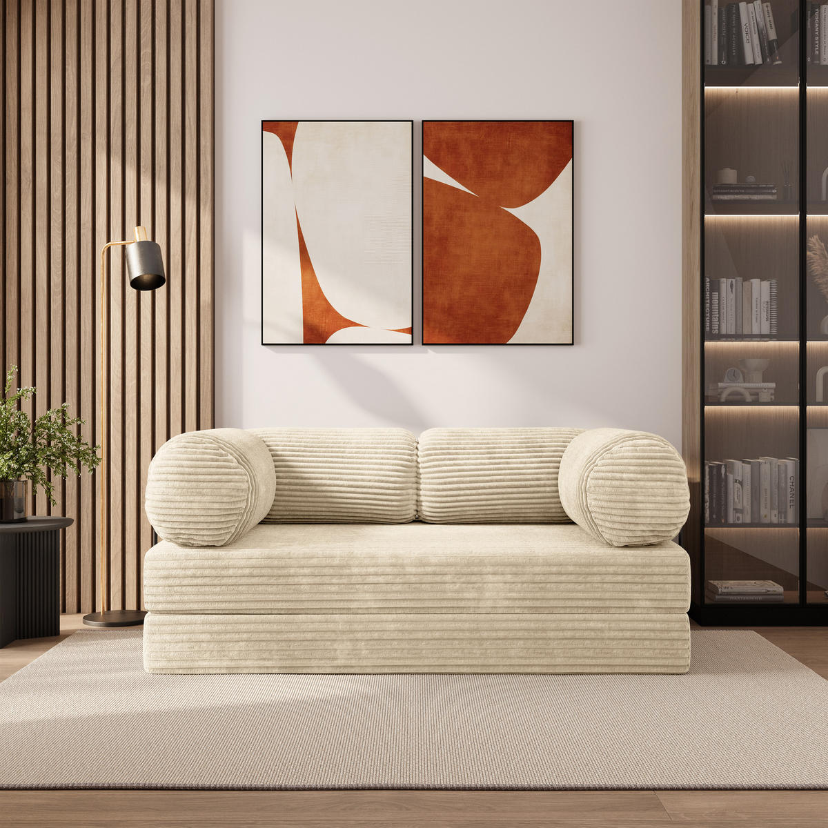 BETTSOFA ALVIO aus Schaumstoff Cordstoff Creme Schlaffunktion - Creme, Textil (170/68/80cm) - MASSENO