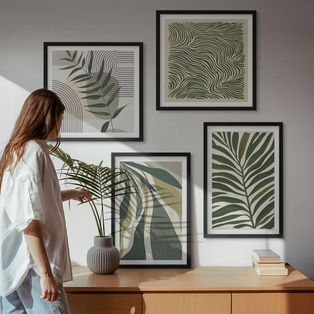 BILDER SET 4er Set - 50x50 cm & 40x60 cm Schwarzer Rahmen - Blätter, Wellen – Pastellillustrationen - Schwarz, Kunststoff (50/50cm) - TULUP
