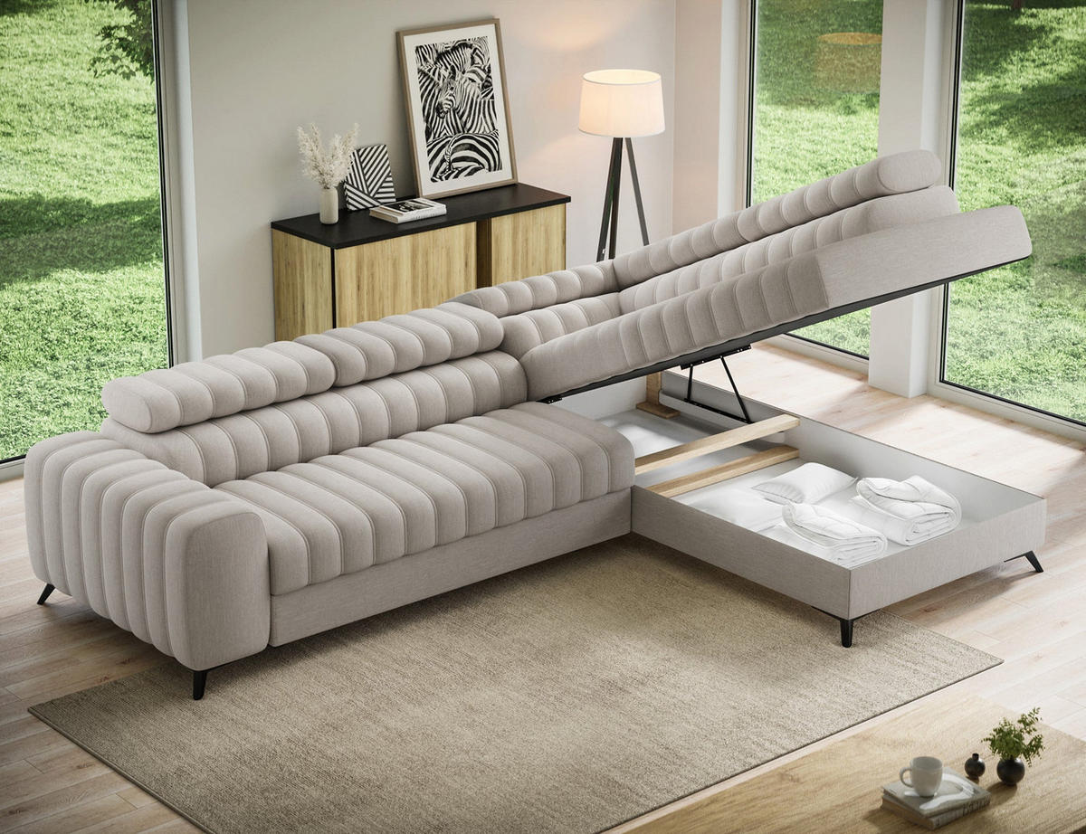 KANEDO Ecksofa mit Schlaffunktion und Bettkasten – Modernes Designsofa, verstellbare Kopfstützen, Metallfüße - Beige, Kunststoff (269/86cm) - Wohnideebilder
