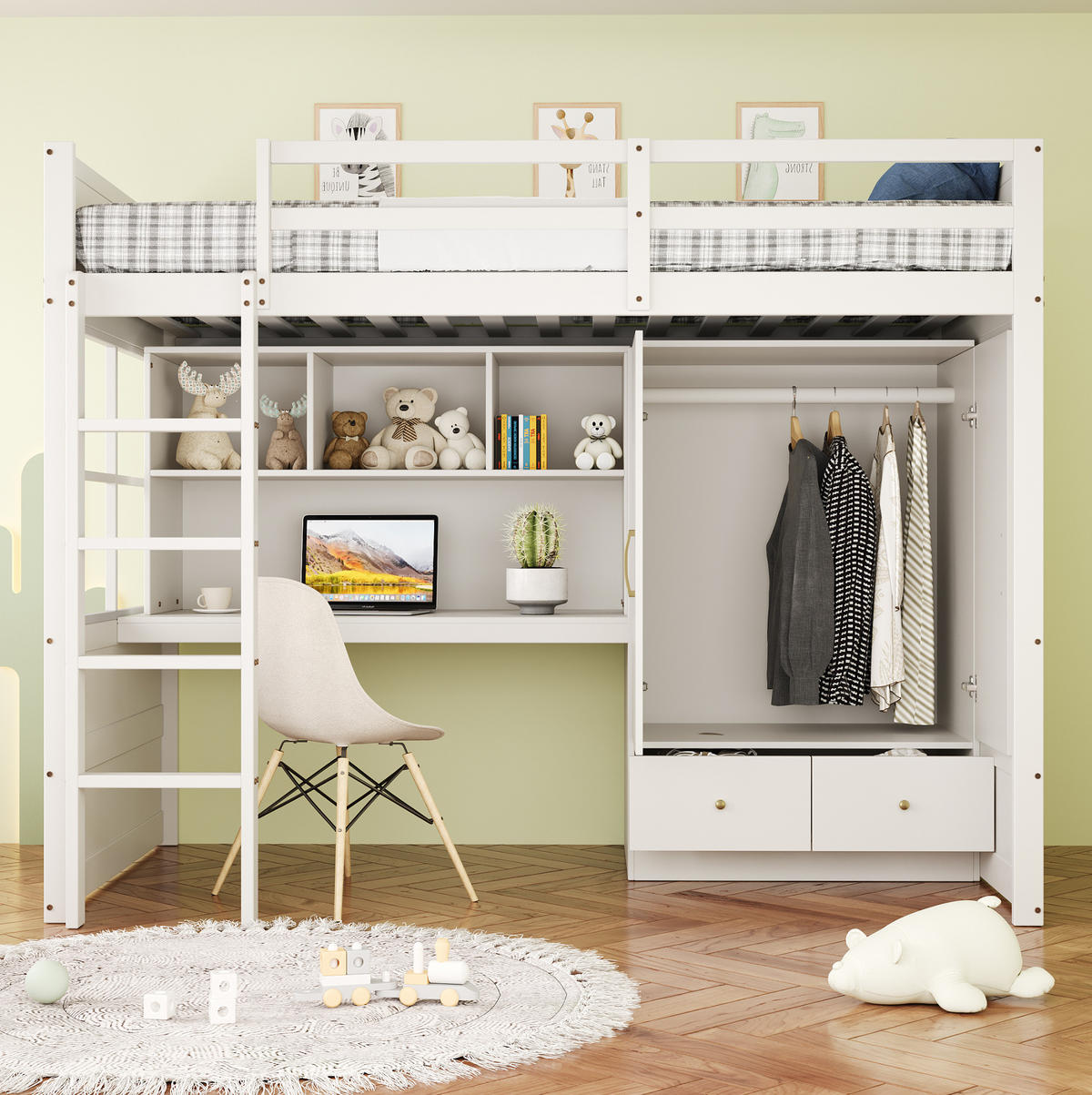 HOCHBETT 90/200 cm Weiß aus Holz mit Schreibtisch Stauraum und Kleiderschrank - Weiß, Holzwerkstoff (90/200cm) - OKWISH