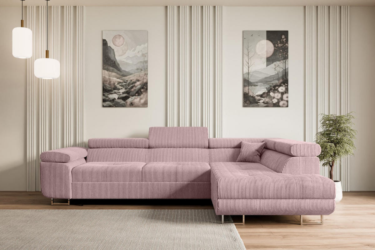 ECKSOFA mit Schlaffunktion und Bettkasten GUSA-L 272x202x107 cm Rosa Cord - Silberfarben/Rosa, Holzwerkstoff/Textil (272/202cm) - ALTDECOR