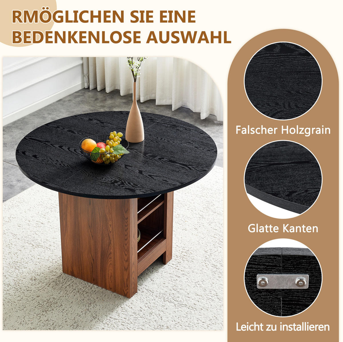 ESSTISCH 100/76 cm Walnuss/Schwarz aus MDF mit Stauraumfächern - Schwarz, Holzwerkstoff (100/100/76cm) - OKMYHOME