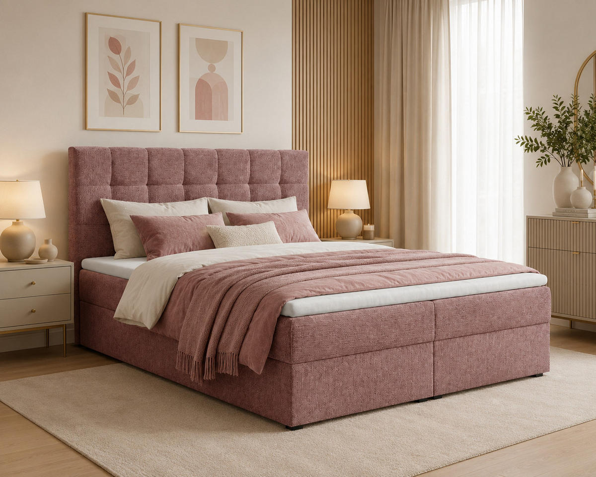 BOXBETT - Bett 05 OSLO - Aragon - 140x200 cm - mit Bettkasten und Komfort-Topper - Rosa, Holz (140/200cm) - ROYAL24_MARKT
