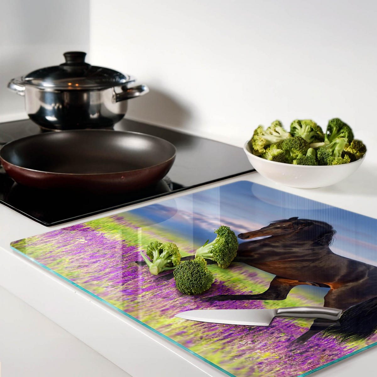 GLASPLATTE 60x52 cm Pferd Lavendelfeld - Violett, Glas (60/52cm) - TULUP