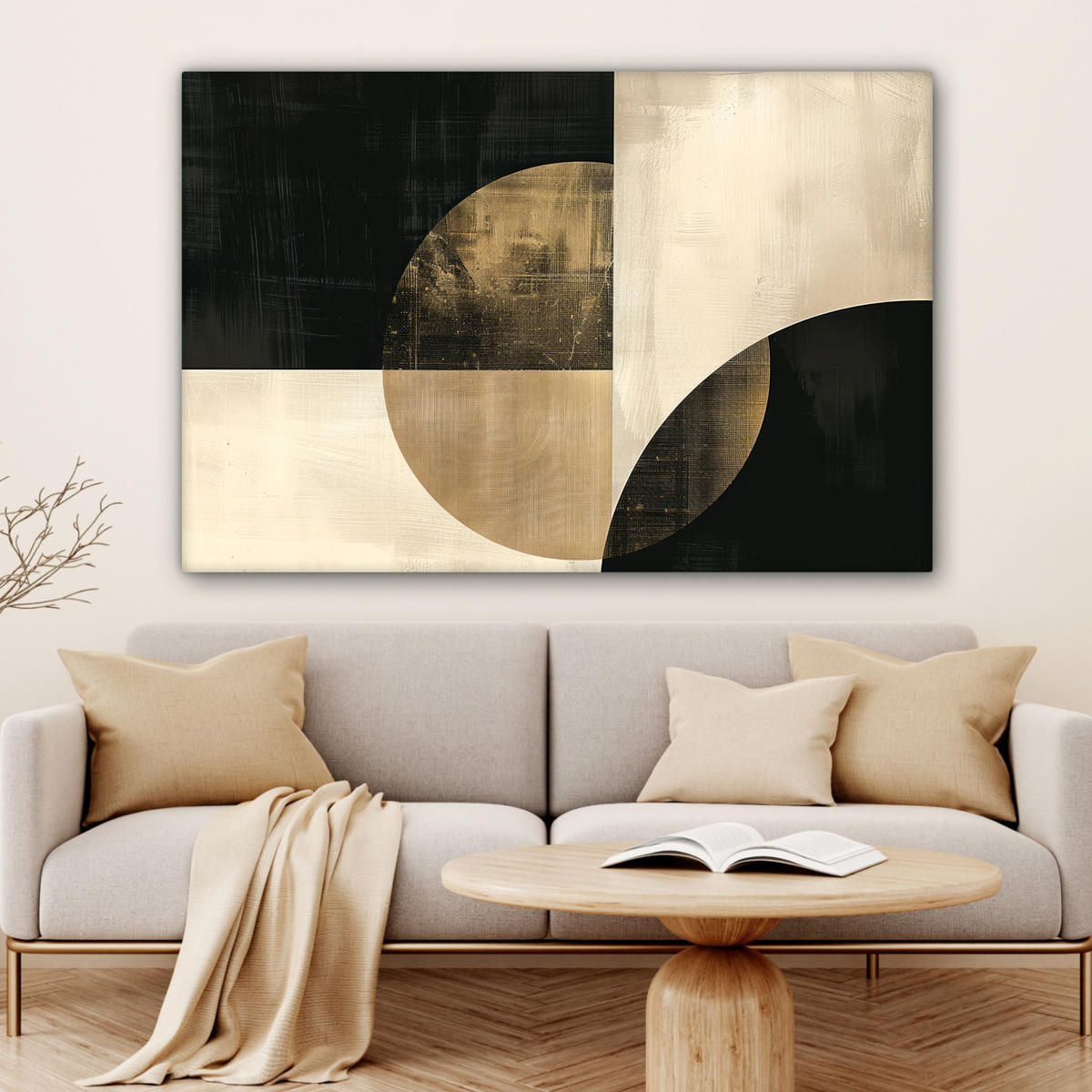 LEINWANDBILD Abstrakt - Geometrische Formen - Schwarz - Gold XXL 150x100 cm - Ecru, Textil (150/100cm) - MuchoWow