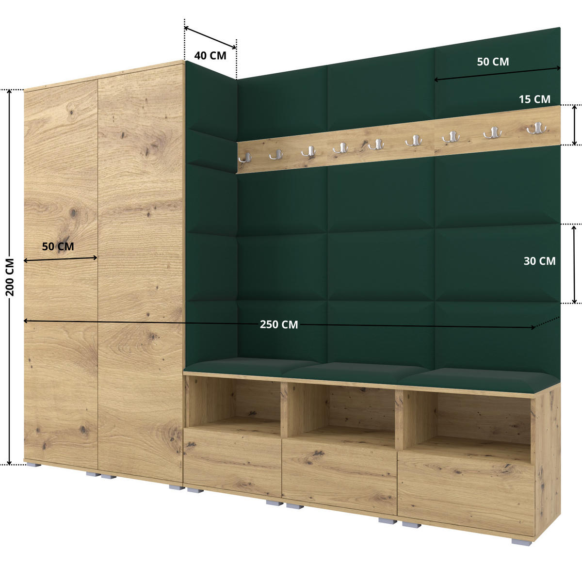 GARDEROBE NELA VII 250 cm (Modulare Flurmöbel XL Artisan Eiche mit Sitzpolster Flaschengrün 28 2 Schränke) - Dunkelgrün/Silberfarben, Holz/Holzwerkstoff (250/187/40cm) - Ravio