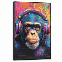 LEINWAND Bilder mit Rahmen - Graffiti - Schimpanse - Straßenkunst - Kopfhörer - Affe - 100x150 - Blau, Textil (100/150cm) - MuchoWow