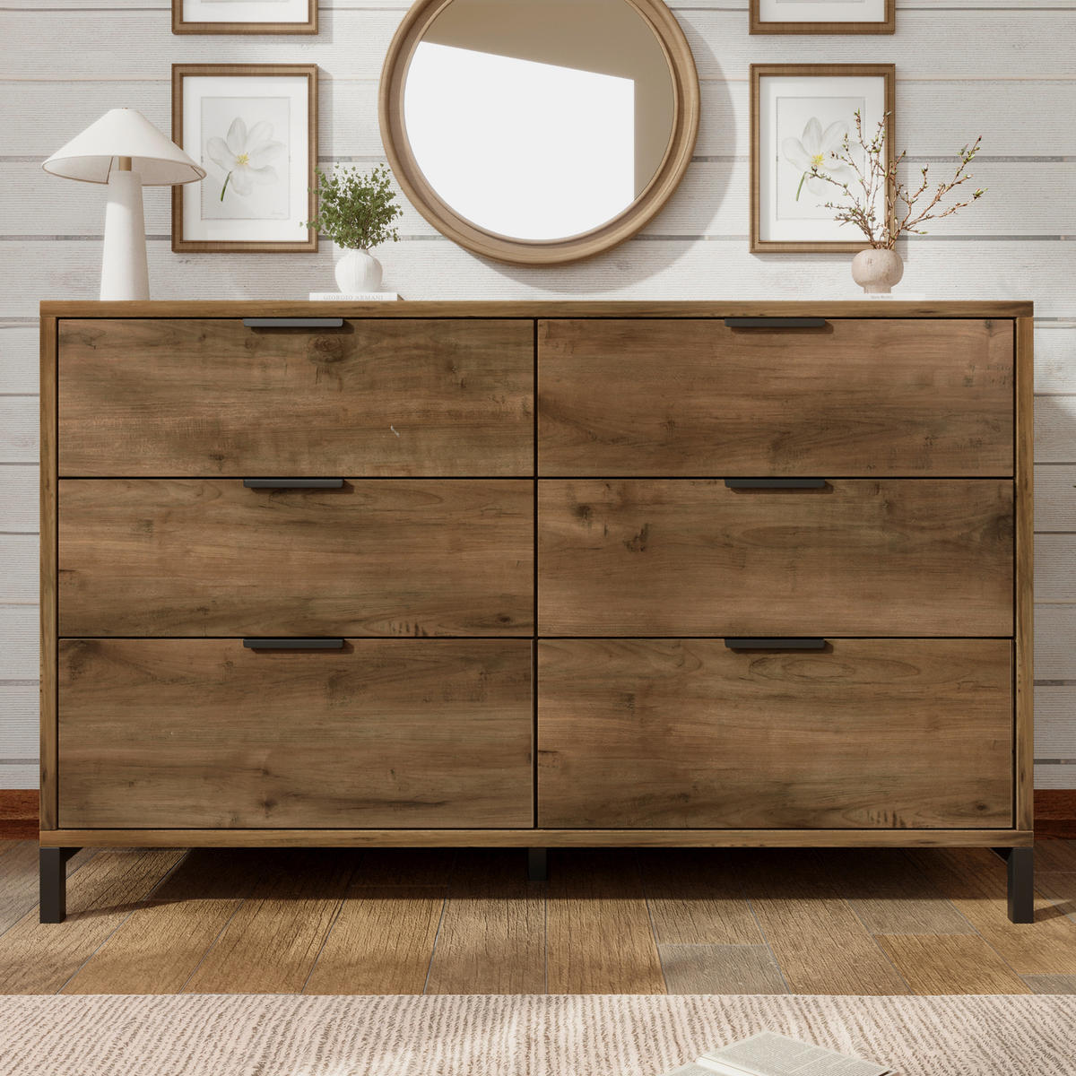 KOMMODE in Dunkle Eichefarben Sideboard mit 6 Schubladen für Schlafzimmer und alle Wohnräume, B120/T40/H76 cm - Eichefarben/Schwarz, Holzwerkstoff/Metall (120/76/40cm) - STILVORA