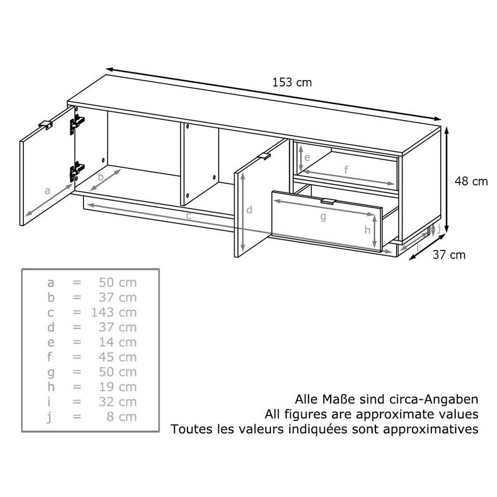 Thumbnail - Vladon Lowboard, Silbereichen, Holzwerkstoff, 153x48x38 cm, Wohnzimmer, Wohnwände, Lowboards, Lowboards stehend
