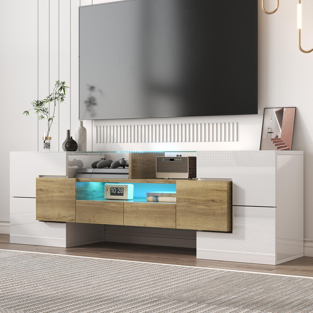 TV-SCHRANK Lowboard Hochglanz Weiß 145cm LED-Beleuchtung Gold Akzenten - Weiß, Holz (38/35/53.59cm) - FLIEKS
