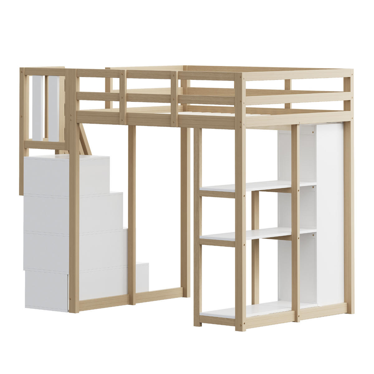 HOCHBETT 140/200 cm mit Aufbewahrungsschubladen und Sicherheitsleiter in Natur und Weiß ohne Matratze - Hellbraun/Weiß, Holz (140/200cm) - OKWISH