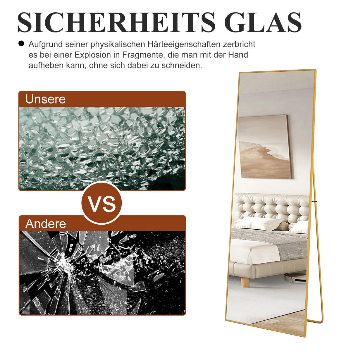 STANDSPIEGEL 177x77 cm Metallrahmen rechteckig gold - Goldfarben, Holz (77/177/3cm) - LEBENLANG