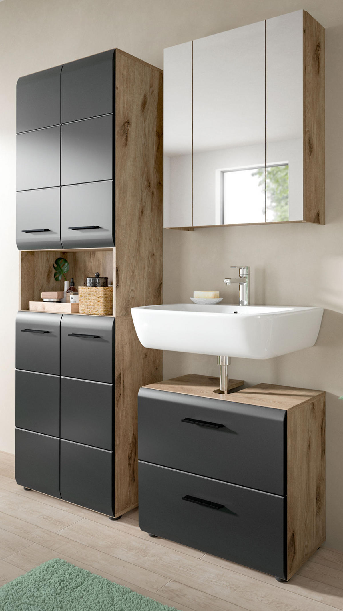 BADMÖBEL-SET 3-teilig schwarz matt, Eiche Nox, Badkombination mit Hochschrank 135 cm - Eichefarben/Schwarz, Glas/Holzwerkstoff (135/185/30cm) - Inn.Furn