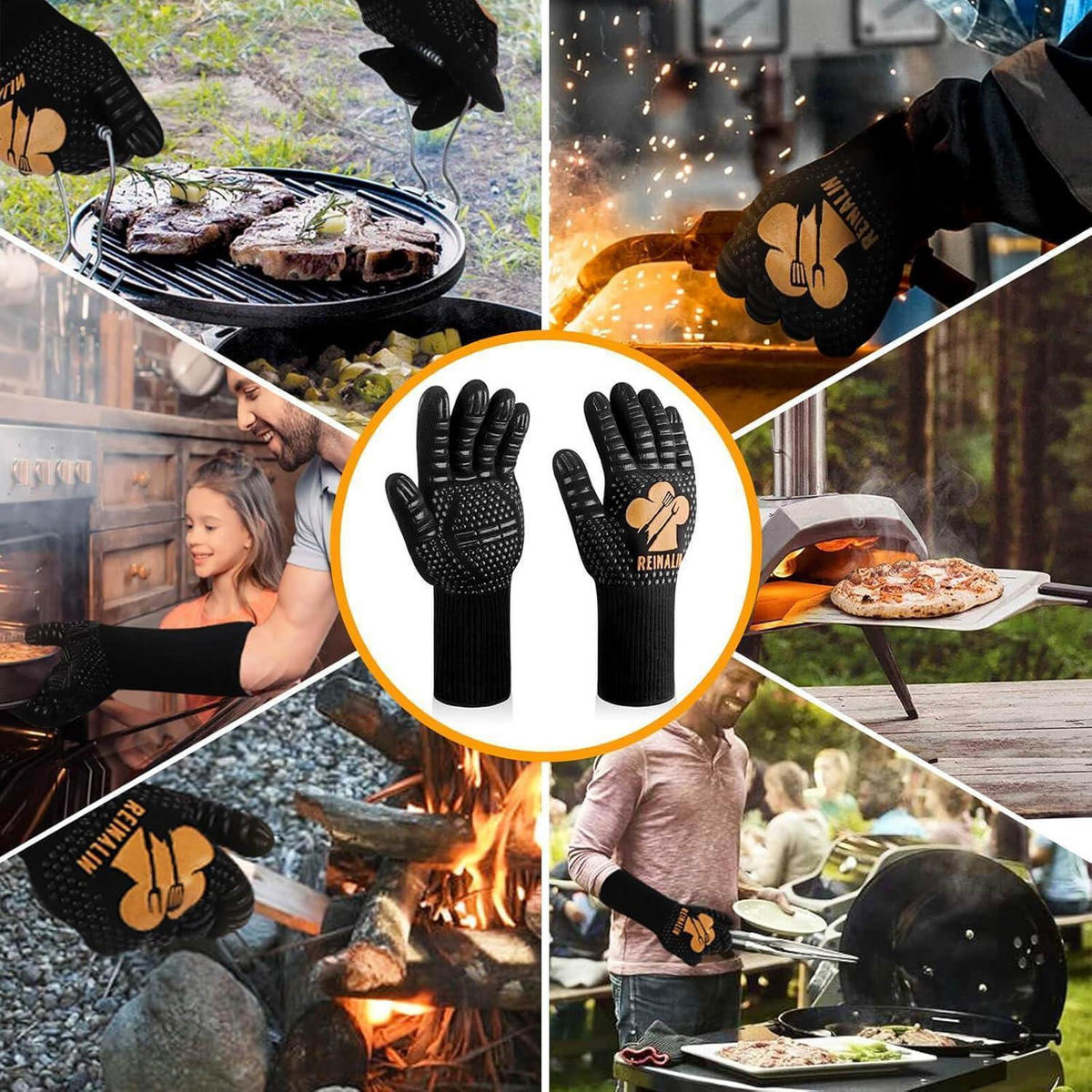 GRILLHANDSCHUHE Hitzebeständig bis 800°C Gold - Schwarz, Textil (15/3/32cm)