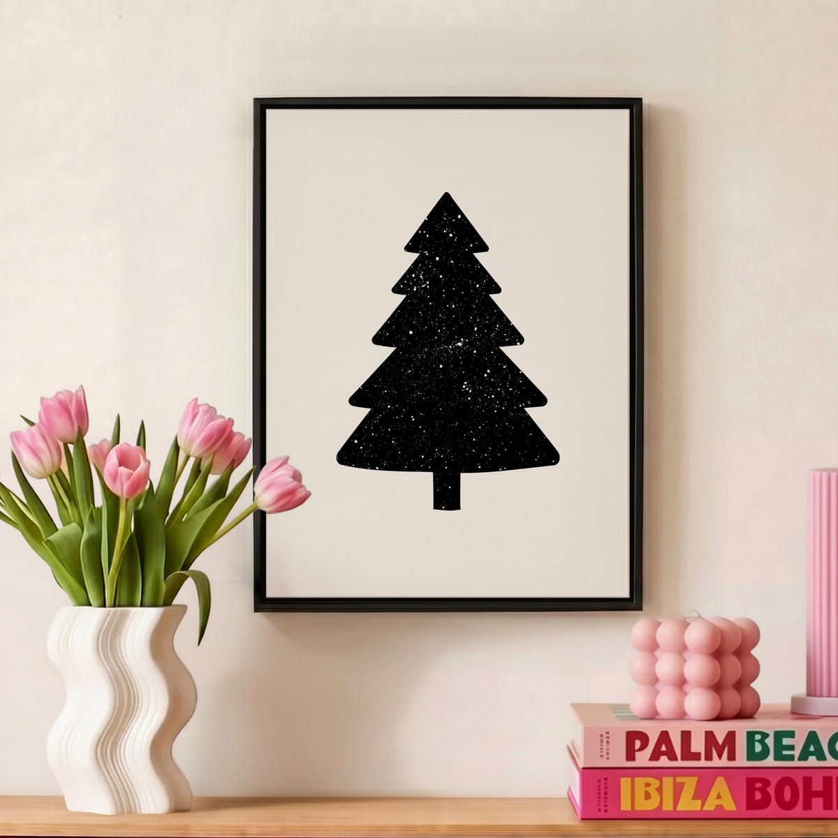 LEINWAND Bilder mit Rahmen - Weihnachtsbaum - Schwarz - Urlaub - Beige - 30x40 - Schwarz, Textil (30/40cm) - MuchoWow