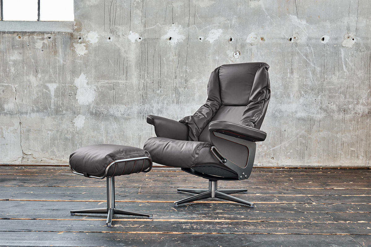 RELAXSESSEL MIT HOCKER MODO Grau Leder - Silberfarben/Grau, Leder/Metall (81/98/90cm) - KAWOLA