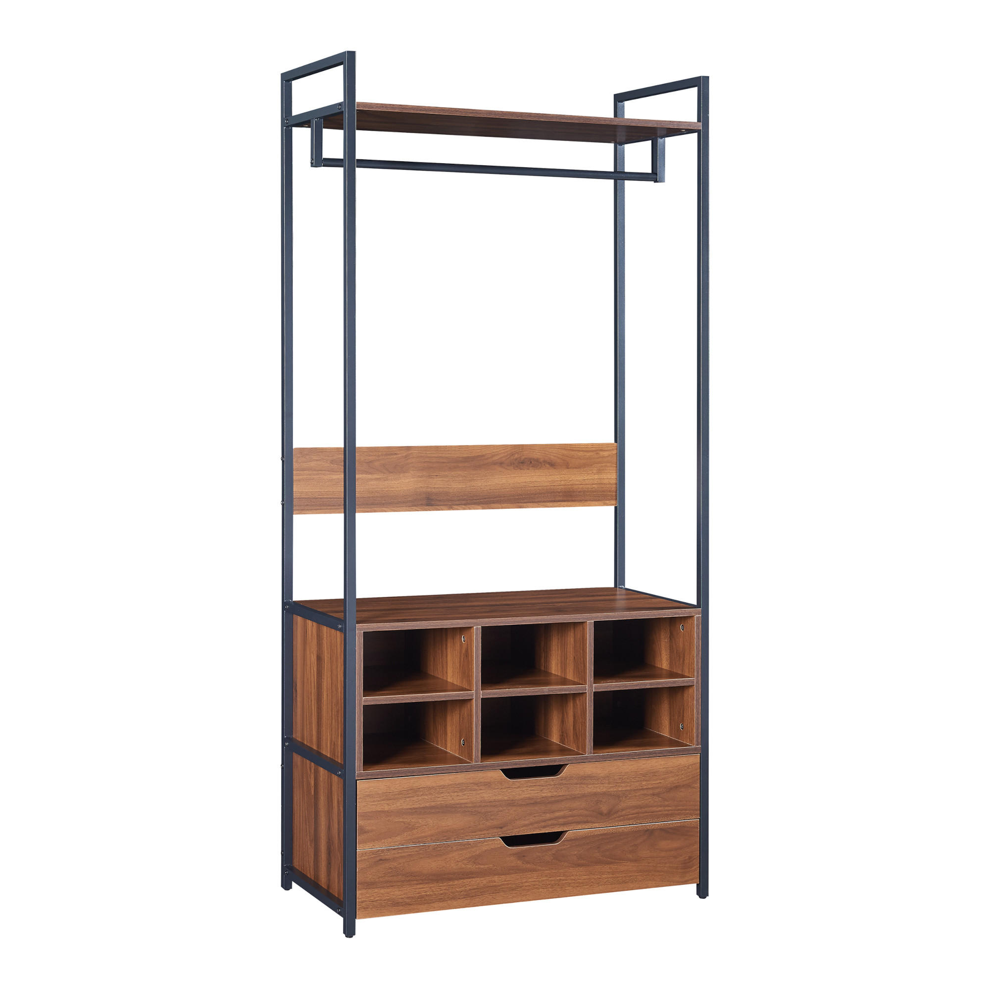 Thumbnail - [en.casa] Garderoben-Set, Walnuss, Schwarz, Holzwerkstoff, 2 Schubladen, einzeln stellbar, 168x180x40 cm, Garderobe, Gar...