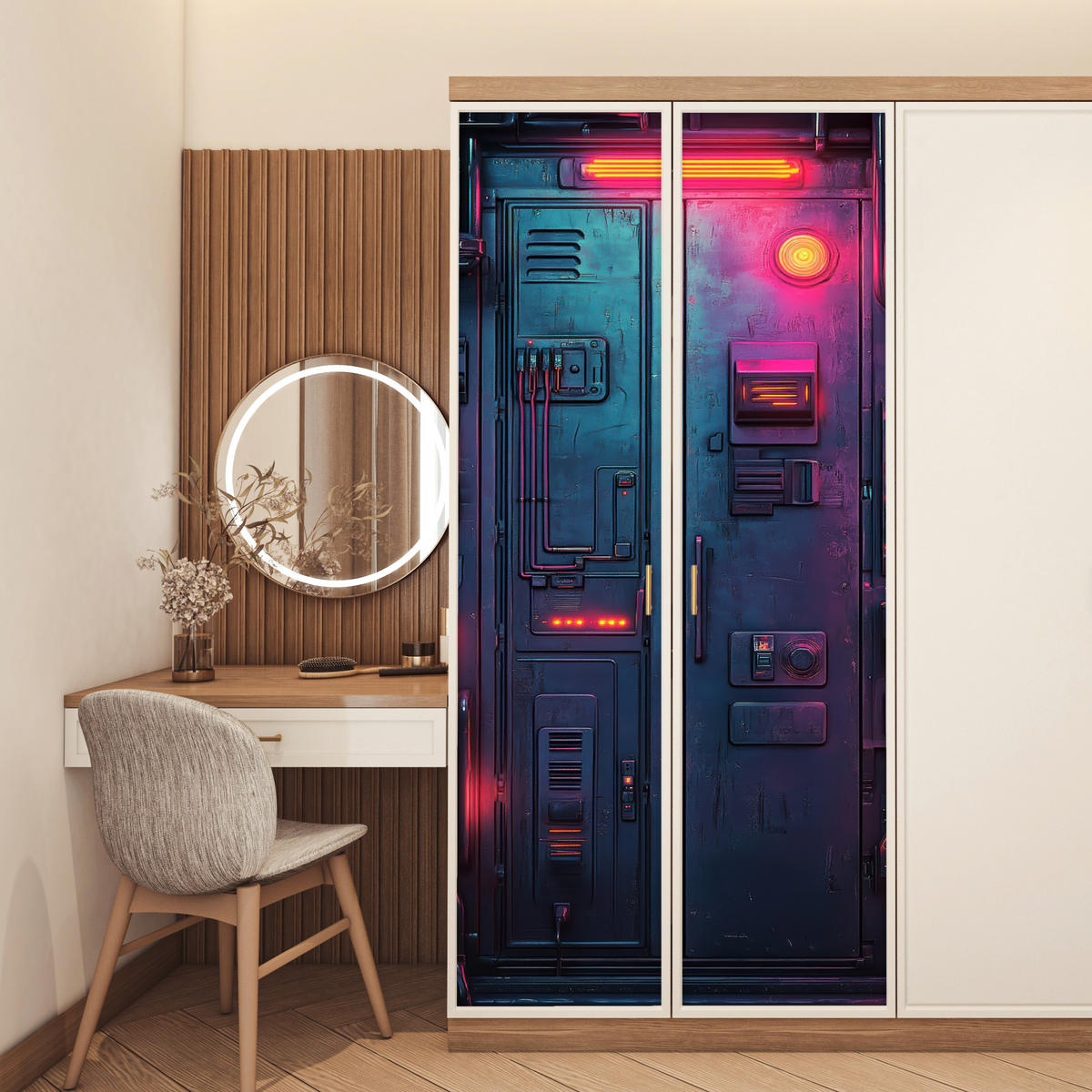 NÁLEPKA NA DVERE Dvere - futuristické - modré - ružové - neónové 90x215 cm - antracitová, plast (90/0.1cm) - MuchoWow