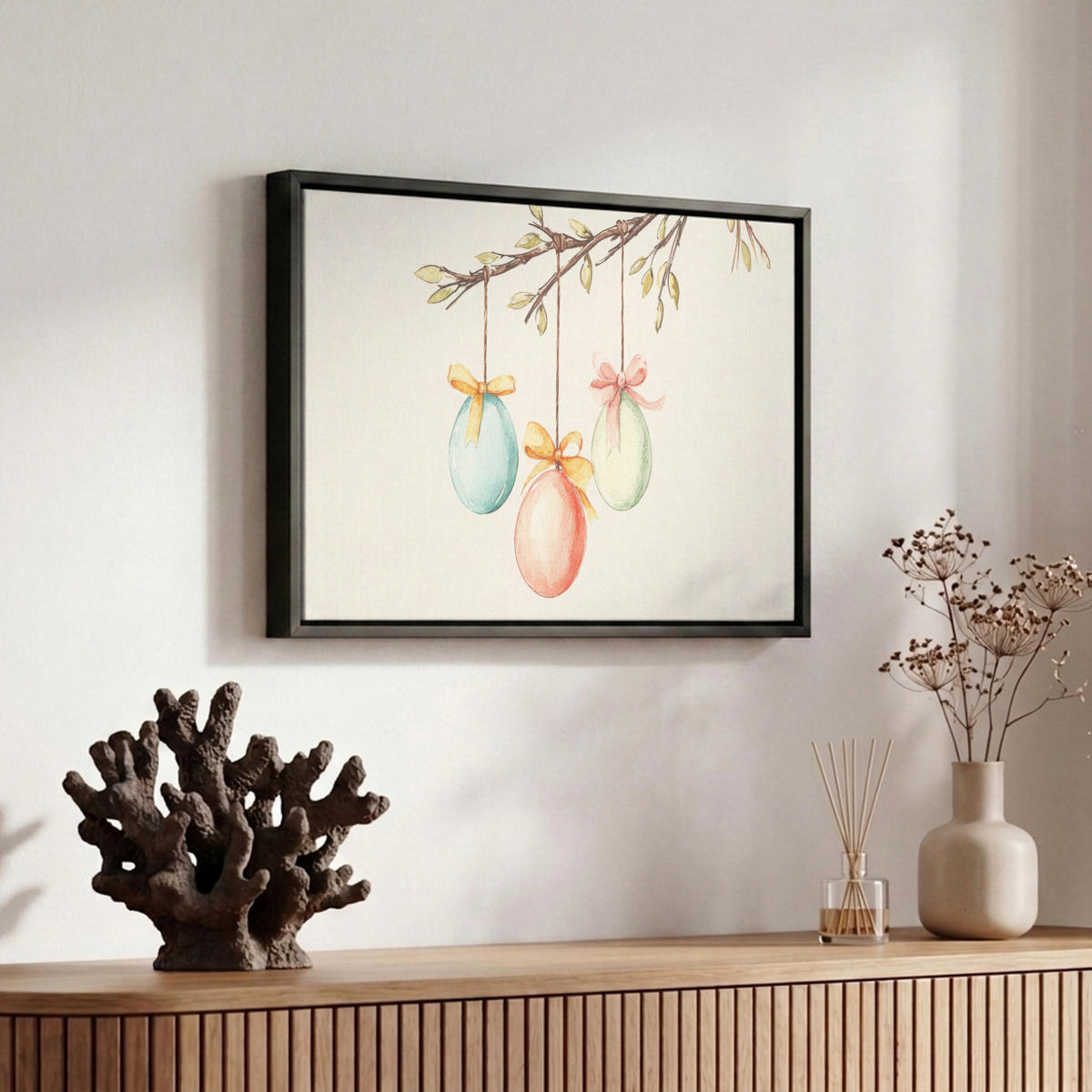 LEINWAND Bilder mit Rahmen - Osterkuchen - Schleife - Eier - 30x20 - Creme, Textil (30/20cm) - MuchoWow