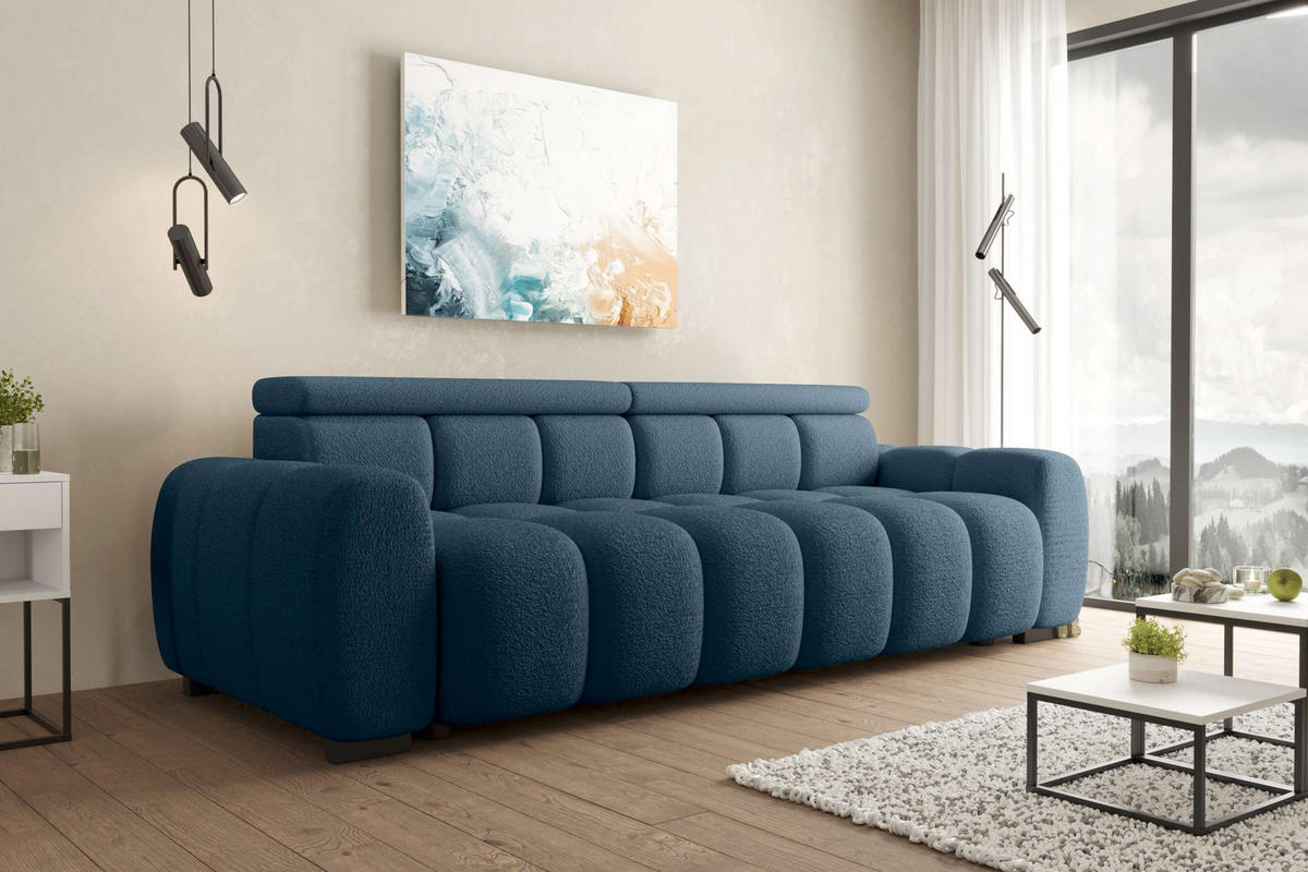 BIGSOFA ALESSIO Bouclé-Stoff Dunkelblau mit elektrischer Sitztiefenverstellung - Dunkelblau, Kunststoff/Textil (248/77/108cm) - 99rooms