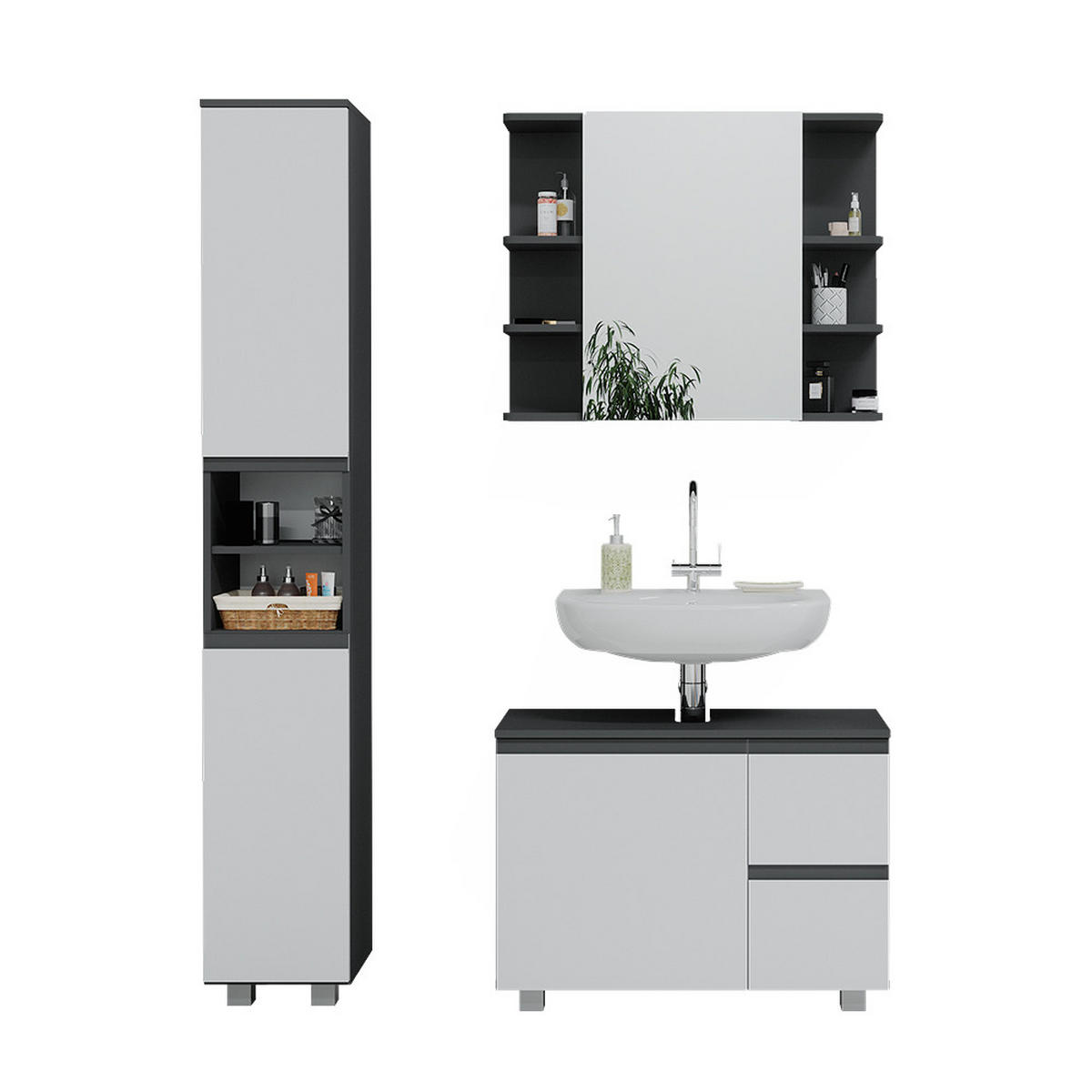 BADMÖBEL-SET J-Shape Anthrazit 3 Teile, mit Hochschrank - Anthrazit/Weiß, Holzwerkstoff (80/60/33cm) - Vicco